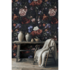 Koyu  Çiçekli Duvar Kağıdı - Sökülebilir, Kendinden Yapışkanlı, Mürdüm Rengi, Çift Rulo