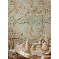 Kiraz Çiçeği Duvar Kağıdı; Chinoiserie Kuşlar ve Çiçekler, Yumuşak Pastel Arka Plan, Zarif Botanik Duvar Muralı